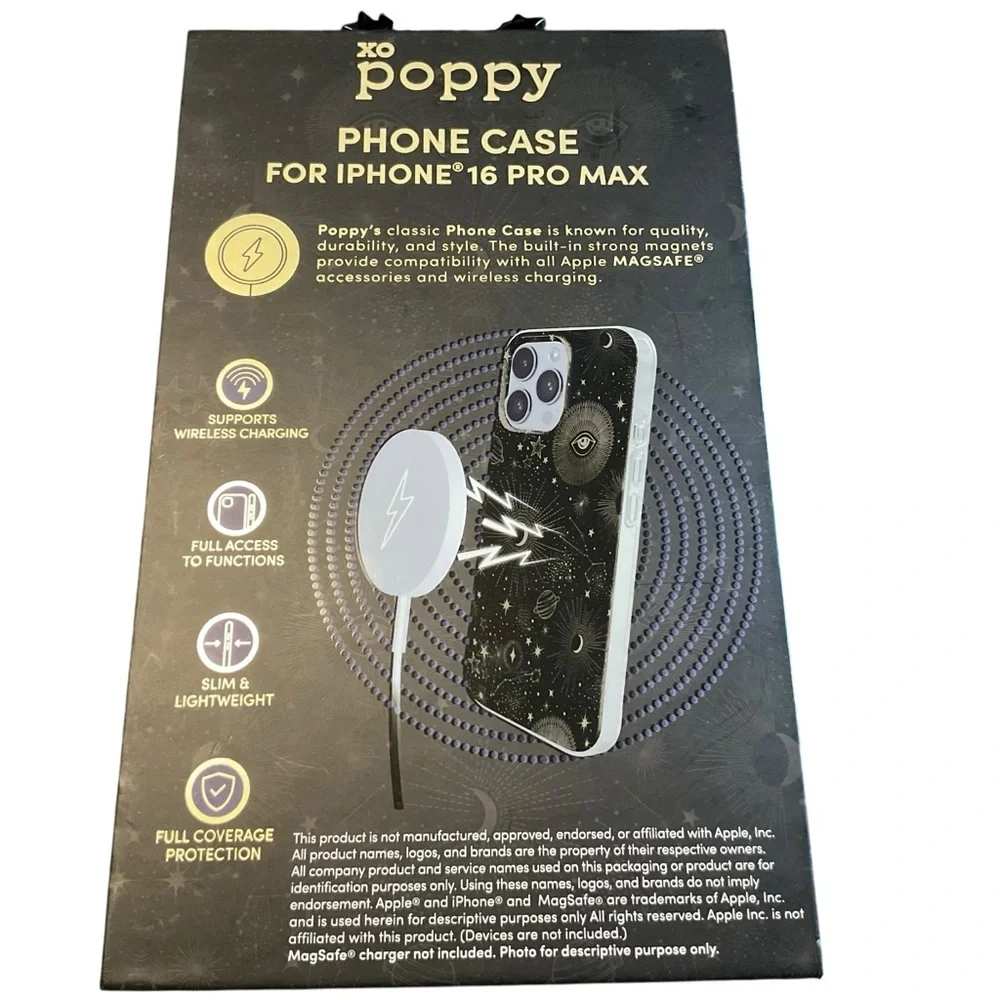 Poppy iPhone 16 Pro Max MagSafe case. Black & metallic celestial design. NIB